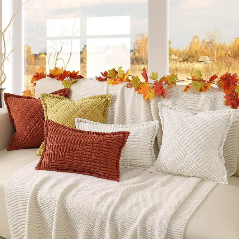 Sunday Praise 2-Pack Cream White Corduroy Throw Pillow Covers 20x20 Inch - Boho Striped Square Cushion Covers For Sofa, Bed, Farmhouse Decor