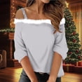 thumbnail image 2 of QATAINLAV Christmas Shirts for Women Long Sleeve Faux Fur Trim Off The Shoulder Tops Solid Casual Tunic Blouse, Gray, XXXL, 2 of 6
