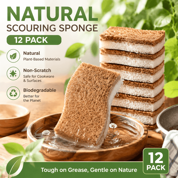 12 Pack Natural Kitchen Sponges, Biodegradable Cellulose Coconut Scrub Sponge, Non Scratch Compostable Non Toxic S Shaped Dish Cleaning Sponges