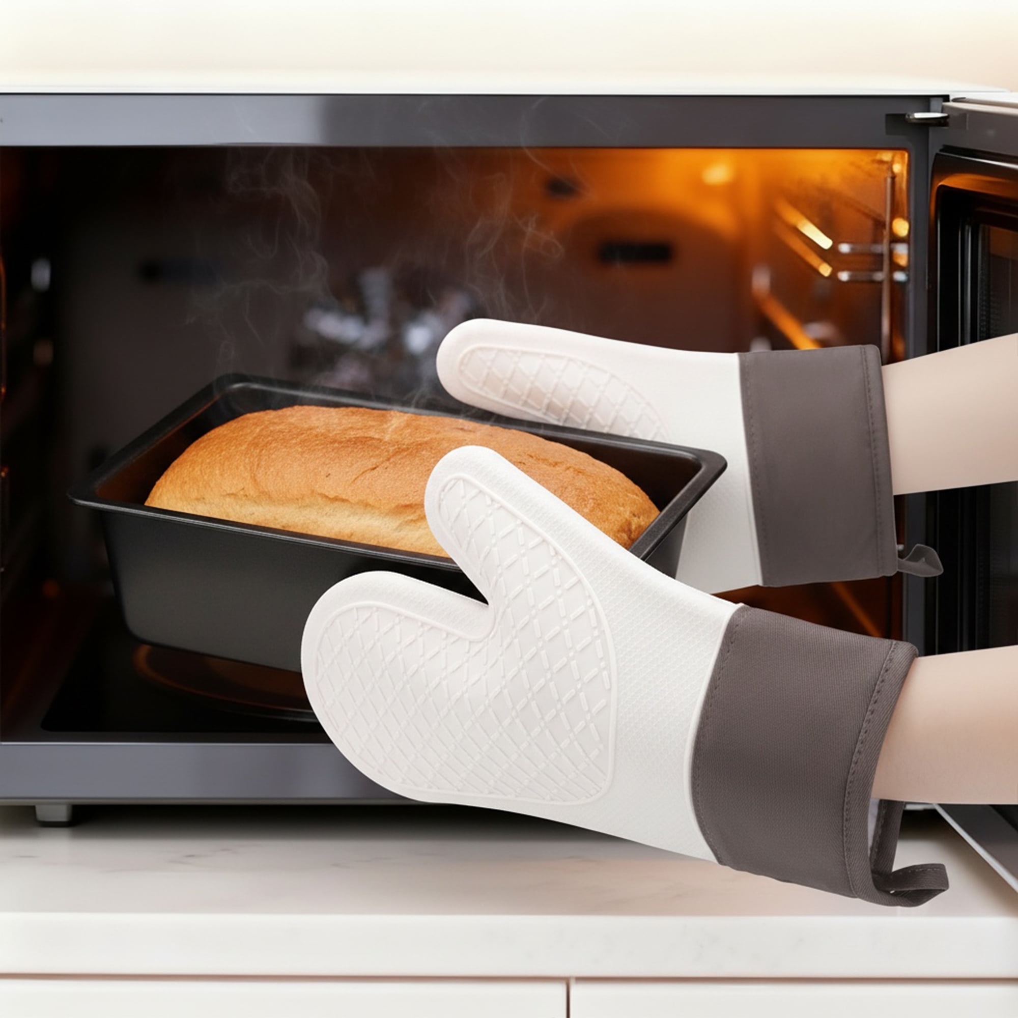 Unique Bargains 2pcs Soft Silicone and Cotton Heat-Resistant Oven Mitts White 11.2" x 7.7"