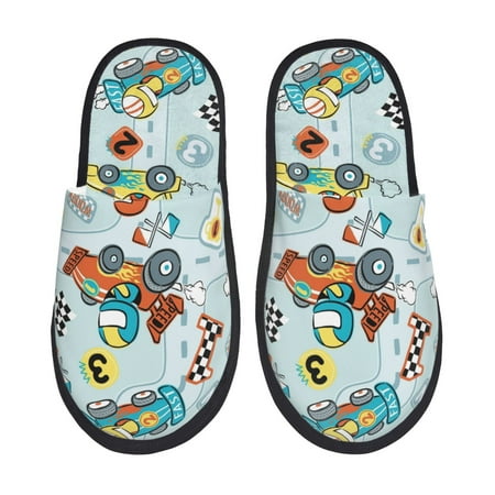 

Honeii Cartoon Car Racing print Slippers Memory Foam House Bedroom Slippers for Women and Men Fuzzy Plush Comfy Faux Fur Lined Slide Shoes-Medium
