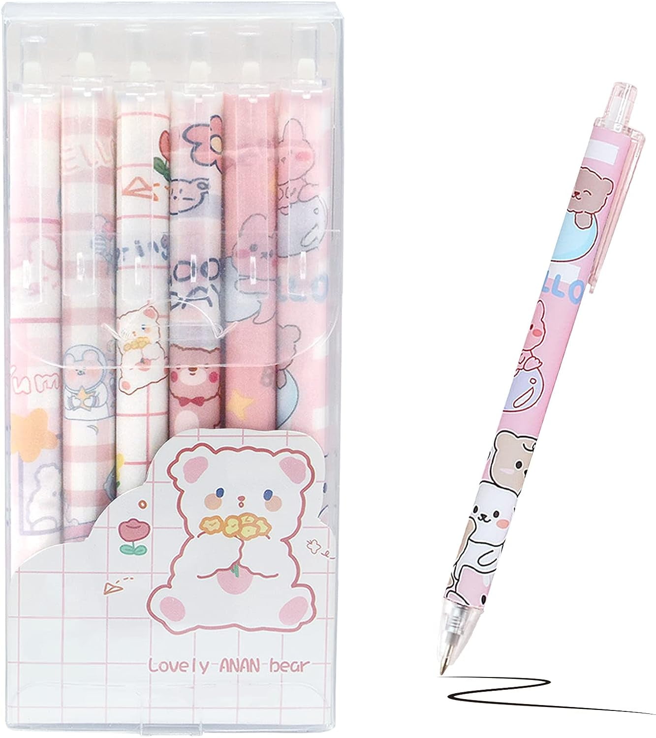6PCS Cute Retractable Ballpoint Pens, kawaii 0.5mm Fine Point Cartoon Bear Smooth Writing Pens, Quick Dry Black Ink Gel Pens, Journaling Pens for Gifts Office Supplies
