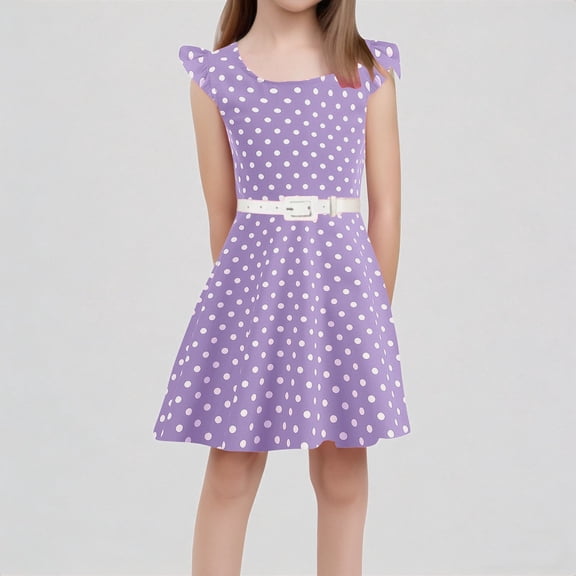 REDARER Girls' Polka Dot Flutter Sleeve Dress with Belt Retro Party Outfit,7-8 Years