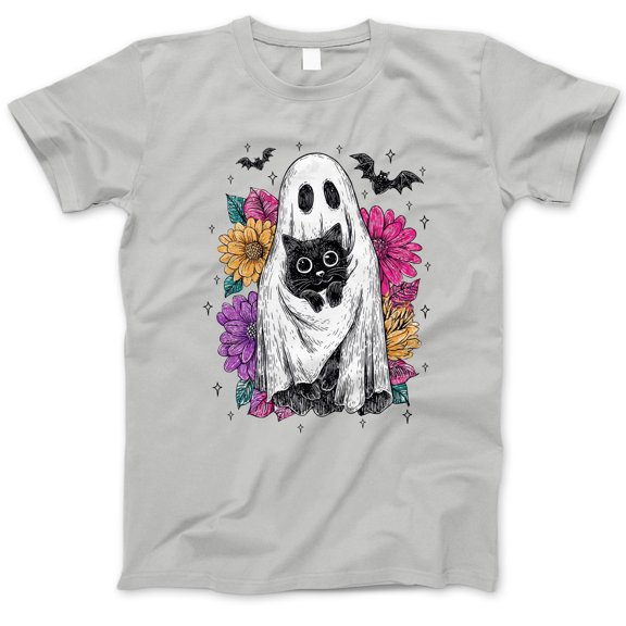 Ghost with Black Cat Halloween T-Shirt, Cute Spooky Floral Tee, Witchy Gothic Aesthetic Shirt, Cat Lover Gift, Fall Pumpkin Patch Outfit