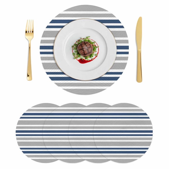 Navy Blue Grey Striped Round 15 Inch Placemats Set of 4, Horizontal Lines Simple Minimalist HeatResistant Non Slip Place Mats for Dining Table, Wipeable Braided Kitchen Table Mats for Housewarming