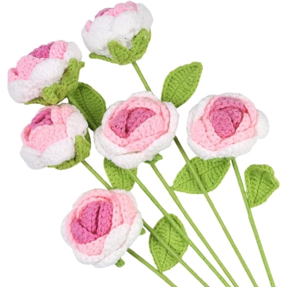 Pink Rose Crochet Flowers Knitted Flowers Roses Bulk with Bags White Pink Artificial Polyester Yarn Long Stems Romantic Crochet