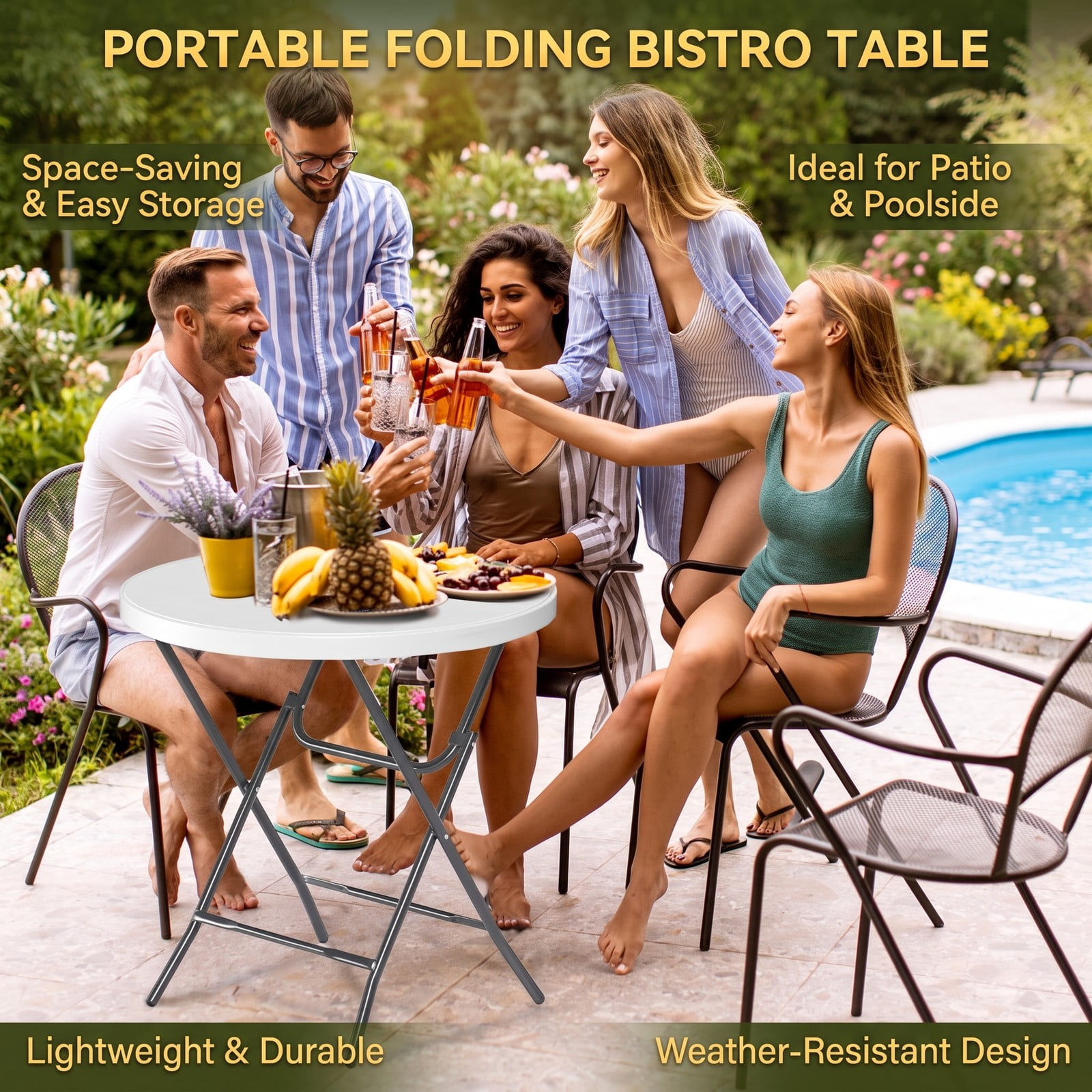 Furnibear 32 Inch Round Folding Table with Thick HDPE Tabletop and Anti Slip Footpads for Picnic Party and Backyard Dining, White