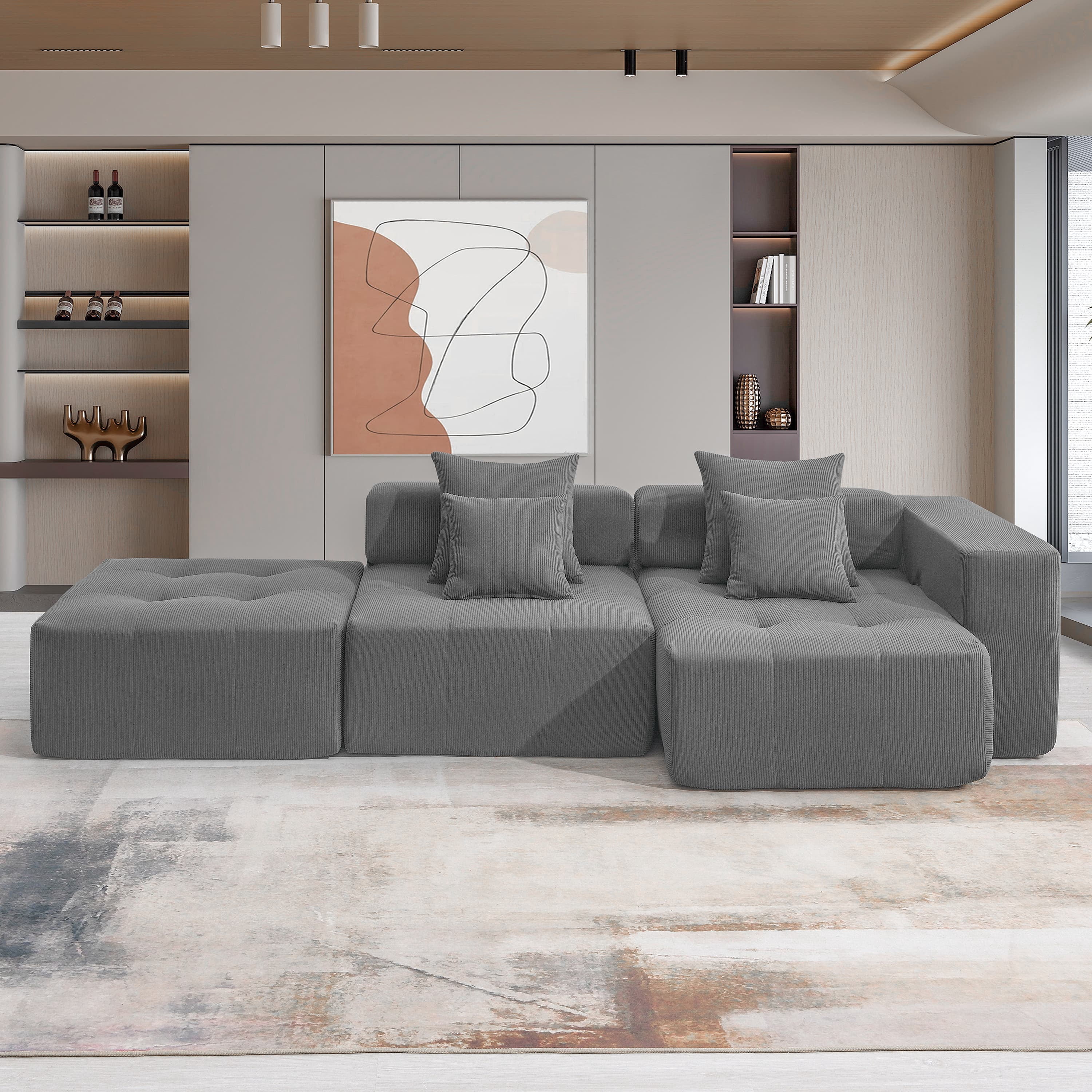 MAYEERTY 105.5" L-Shaped Modular Sectional Sofa - Minimalist Corduroy Compressed Couch, 3PC Free Combination No Assembly for Living Room, 3 Colors