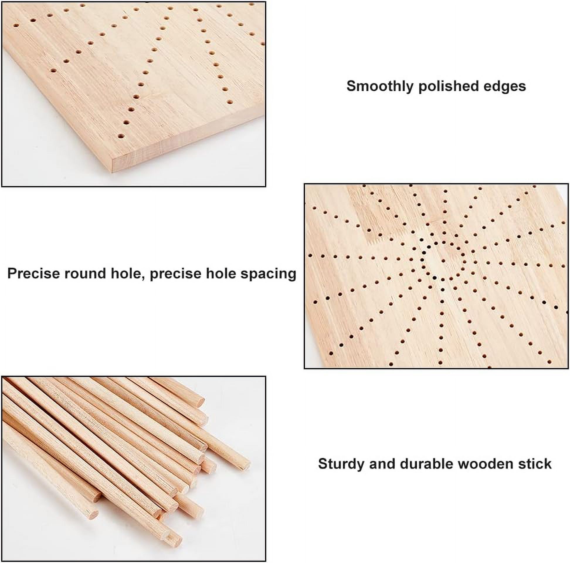 Handmade Wooden Blocking Board (11.8x11.8x0.47inch) with 20pcs 5.9x0.16inch Round Wooden Sticks and Sun Shaped Hole Square Knitting Loom for Knitting Crochet Beige