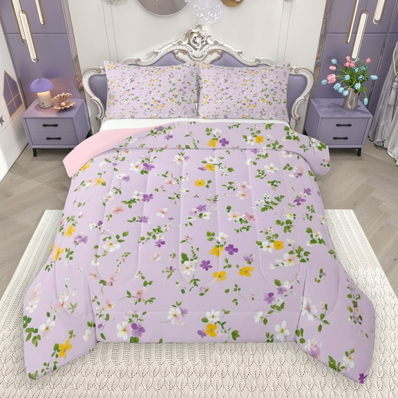 Manfei Vintage Flower Floral Bedding Comforter Set,Rustic Daisy Twin Comforter Sets,Purple Green Bedding Set For Daults,Ultra Soft Home Decor Reversible,2 Pieces