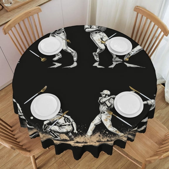 Tablecloth Baseball Players Print Round Printed Table Cloth For Parties Camping Picnic Banquet Indoor & Outdoor Use - 60 Inches