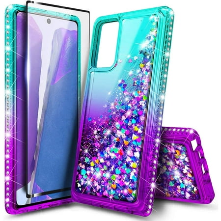 Nagebee Phone Case for Samsung Galaxy A02S with Tempered Glass Screen Protector (Full Coverage), Glitter Sparkle Flowing Liquid Bling Diamond, Durable Girls Women Cute Case (Aqua/Purple)