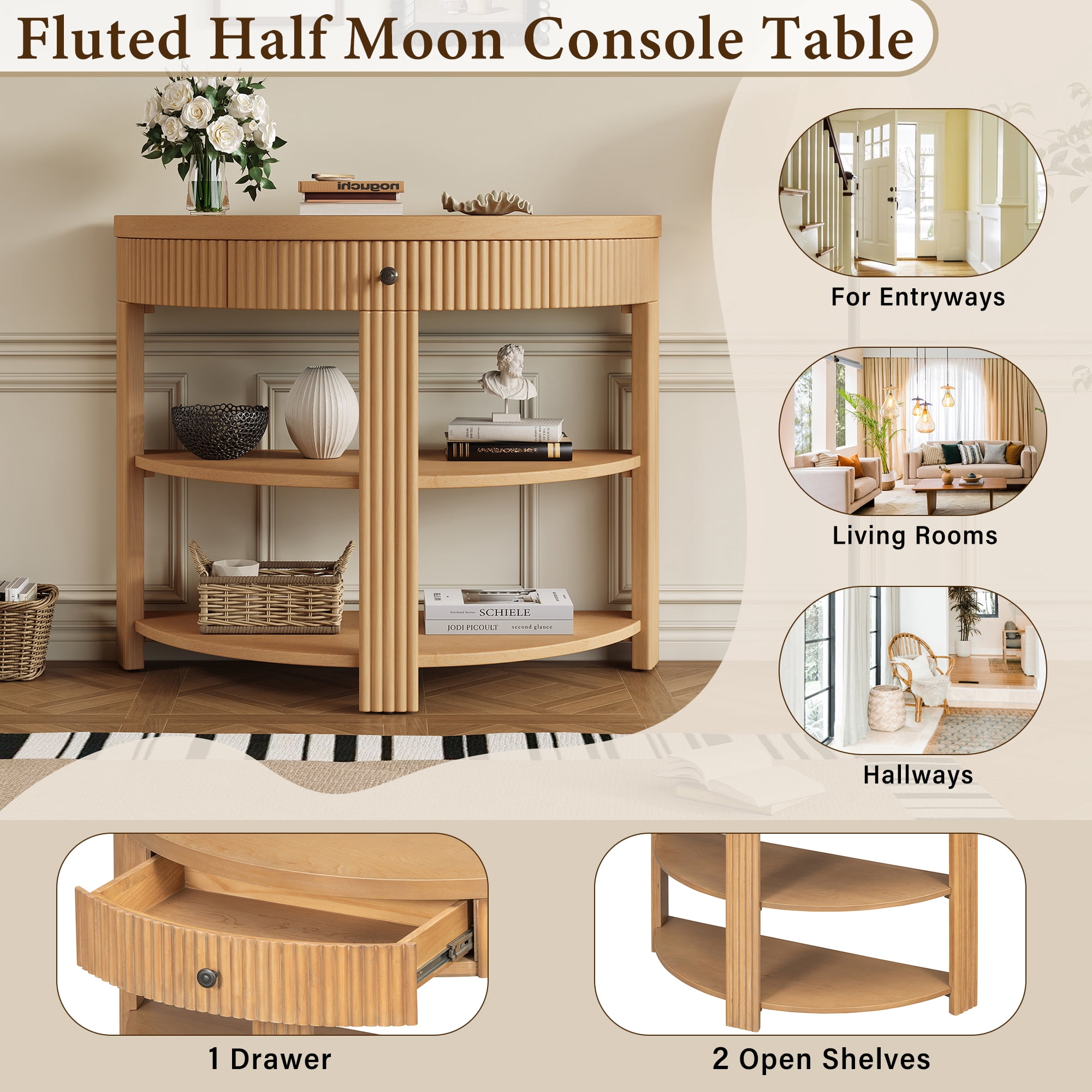Euroco Half Moon Console Table with 1-Drawer, Fluted Entryway Table with 2 Open Storage Shelves,3-Tier Sofa Table for Living Room, Hallway, Foyer,Natural