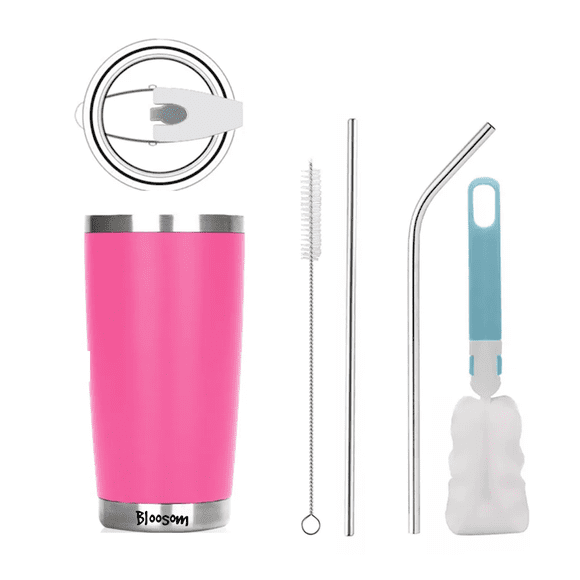 Vaso Térmico Bloosom De 20oz Acero Inoxidable Con Popote Y Cepillo Rosa