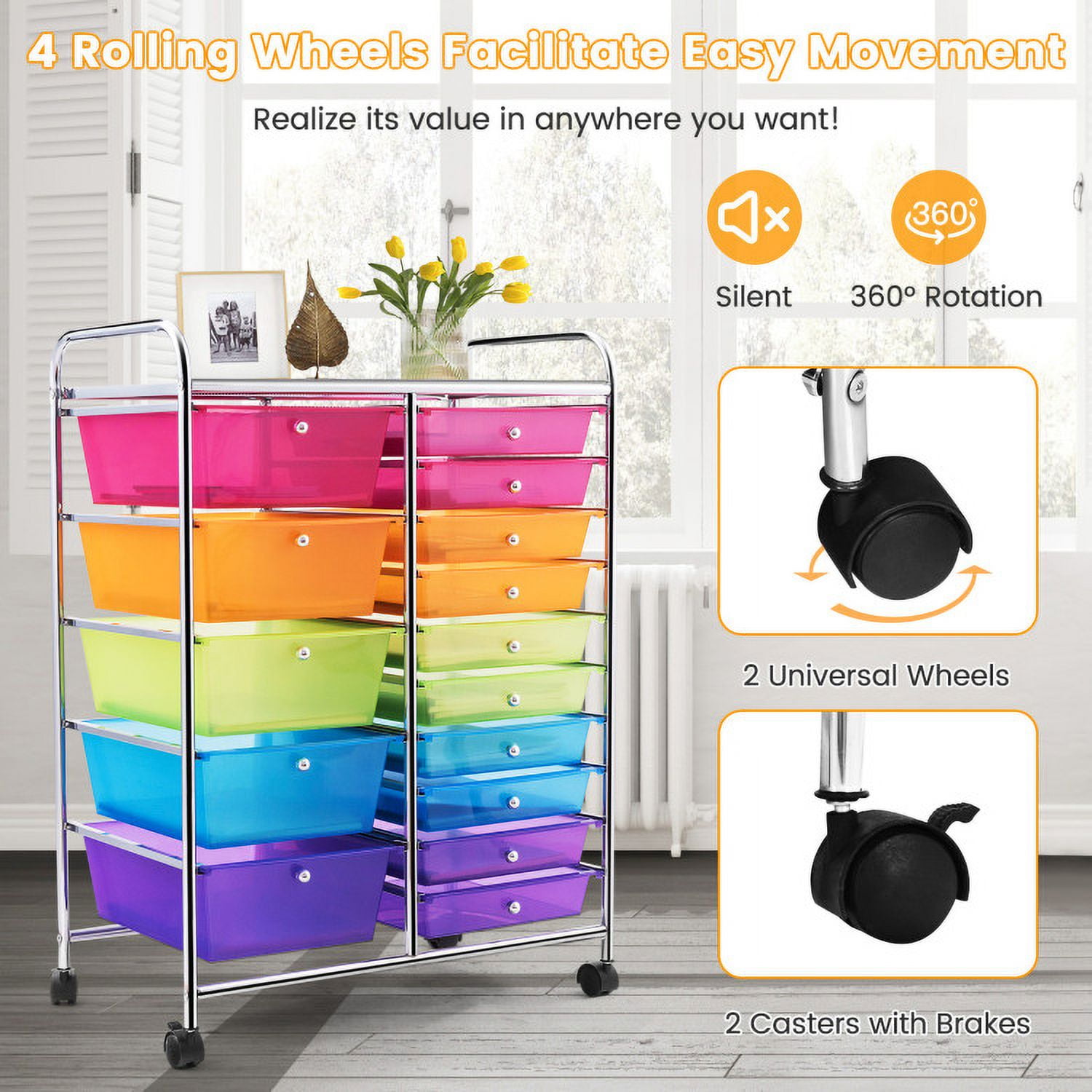 Demi Bonn 15-Drawer Utility Rolling Organizer Cart Multi-Use Storage with 4 Universal Casters, Transparent Multicolor