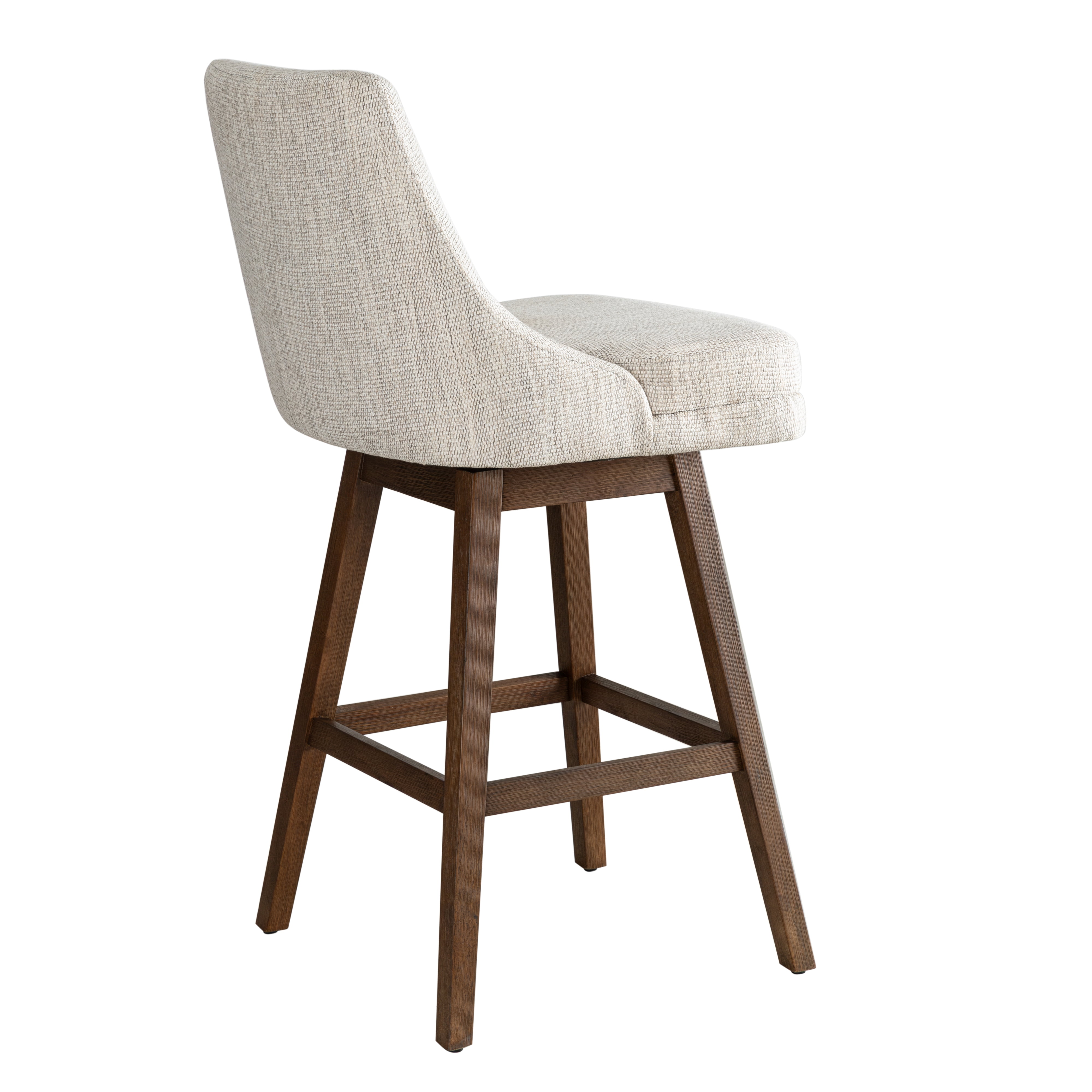 Armen Living Branson Brown Solid Wood Upholstered 30" Bar Height Swivel Barstool with Beige Fabric Seat