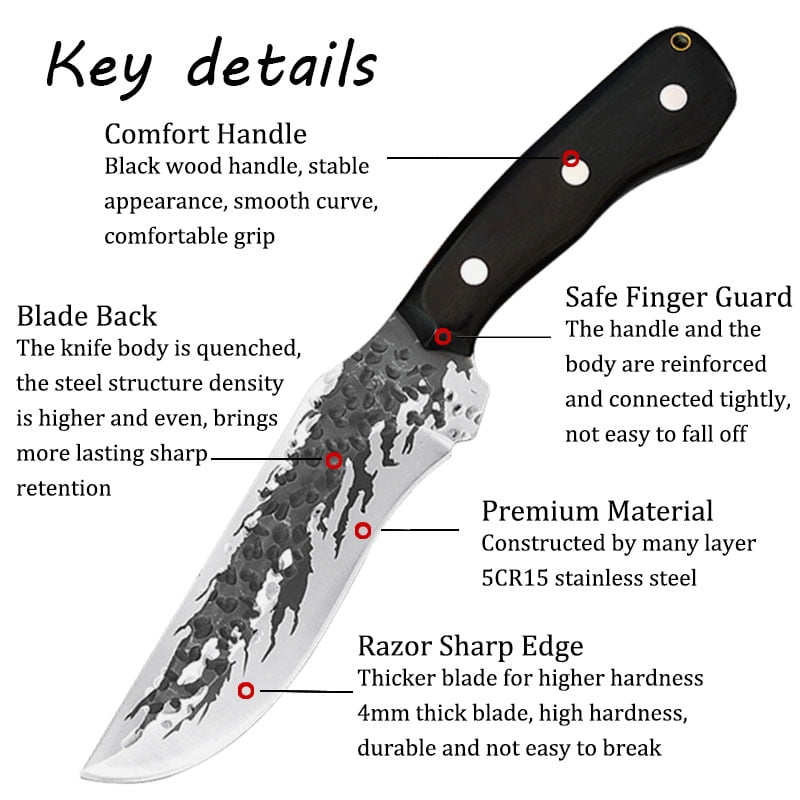 Hand Forged Outdoor Knife, Solid Wood Handle Full Tang Fixed Blade Knife with Brown Sheath for Camping Hunting Household Cutting