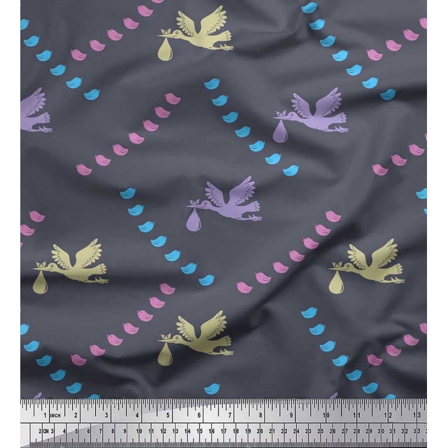 Soimoi Poly Georgette Fabric Small Bird,Fish & Heron Bird Decor Fabric Printed Yard 52 Inch Wide