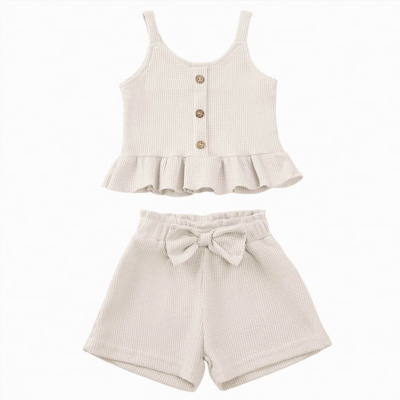 Hessimy Toddler Baby Girl Summer Clothes Short Sleeves T-Shirt Tops and Ruffled Shorts Set Cute Summer Outfits 2Pcs(Beige,12-18 Months)