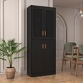 thumbnail image 4 of BOMETAO 71'' Tall Pantry Cabinet, Wood Storage Cabinet with 4 Ratton Doors and Adjustable Shelf, Boho Kitchen Panty with Metal Handle for Kitchen,Dining Room, Black, 4 of 8