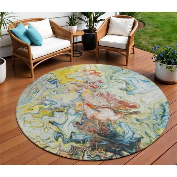 HomeRoots 577964 8 ft. Round Abstract Washable Indoor & Outdoor Area Rug, Ivory, Blue & Yellow