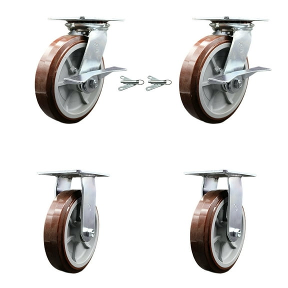 8 Inch Polyurethane Caster Set 2 Brakes/Swivel Locks and 2 Rigid Service Caster