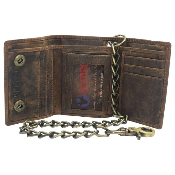 CAZORO Men's RFID Blocking Trifold Vintage Leather Biker Chain Wallet With Snap Closure Brown
