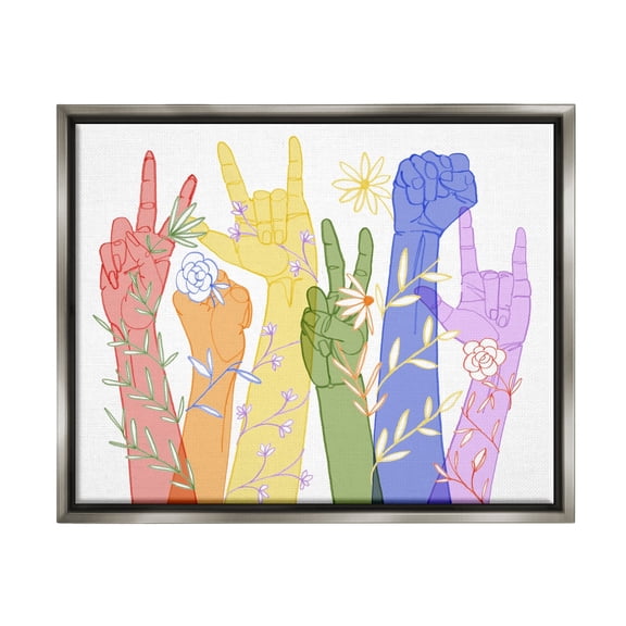 Stupell Industries Rainbow Peace Love Caring Hand Signs ASL Luster Gray Framed Floating Canvas Wall Art, 16x20, by Grace Popp
