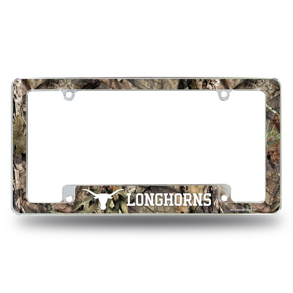Texas NCAA Longhorns Chrome Metal License Plate Frame with Bold Mossy Oak Camouflaged Camo Design