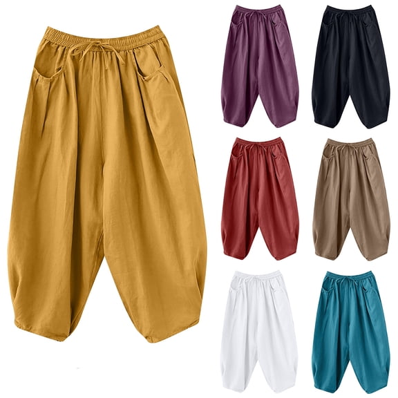 CHUMUD Cotton Linen Pants Women Wide Leg Palazzo Summer Pants Beach Vacation Clothes Elastic Waist Travel Baggy Lantern Trousers with Pockets
