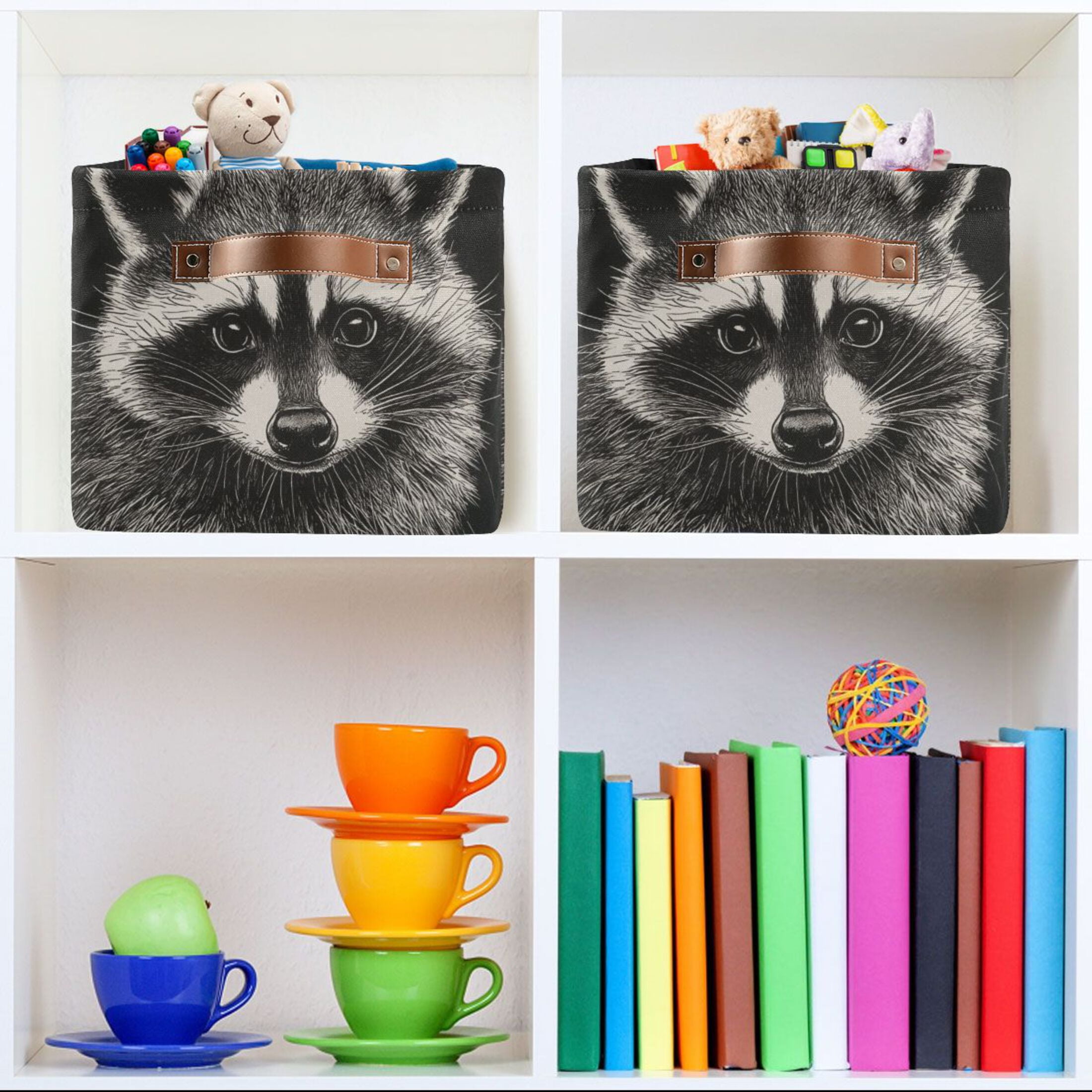 An Adorable Raccoon Foldable Storage Basket,Canvas Fabric Foldable Storage Bins with Handles Open Home Storage Bins Boxes for Toy Book Shelf Closet Baskets