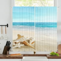 Ocean Kitchen Bathroom Curtains 27.5(W) x36(H) Rod Pocket Beach Sand Waves Sealife Marine Design with Shells Hot Summer Sun Holiday Print, Window Drapes 2 Panel Set for Kitchen Cafe Decor