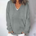 thumbnail image 2 of Womens Oversized V Neck Sweater Long Sleeve Cable Knit Tops Casual Loose Solid Color Pullover Sweatshirts (Gray S), 2 of 5