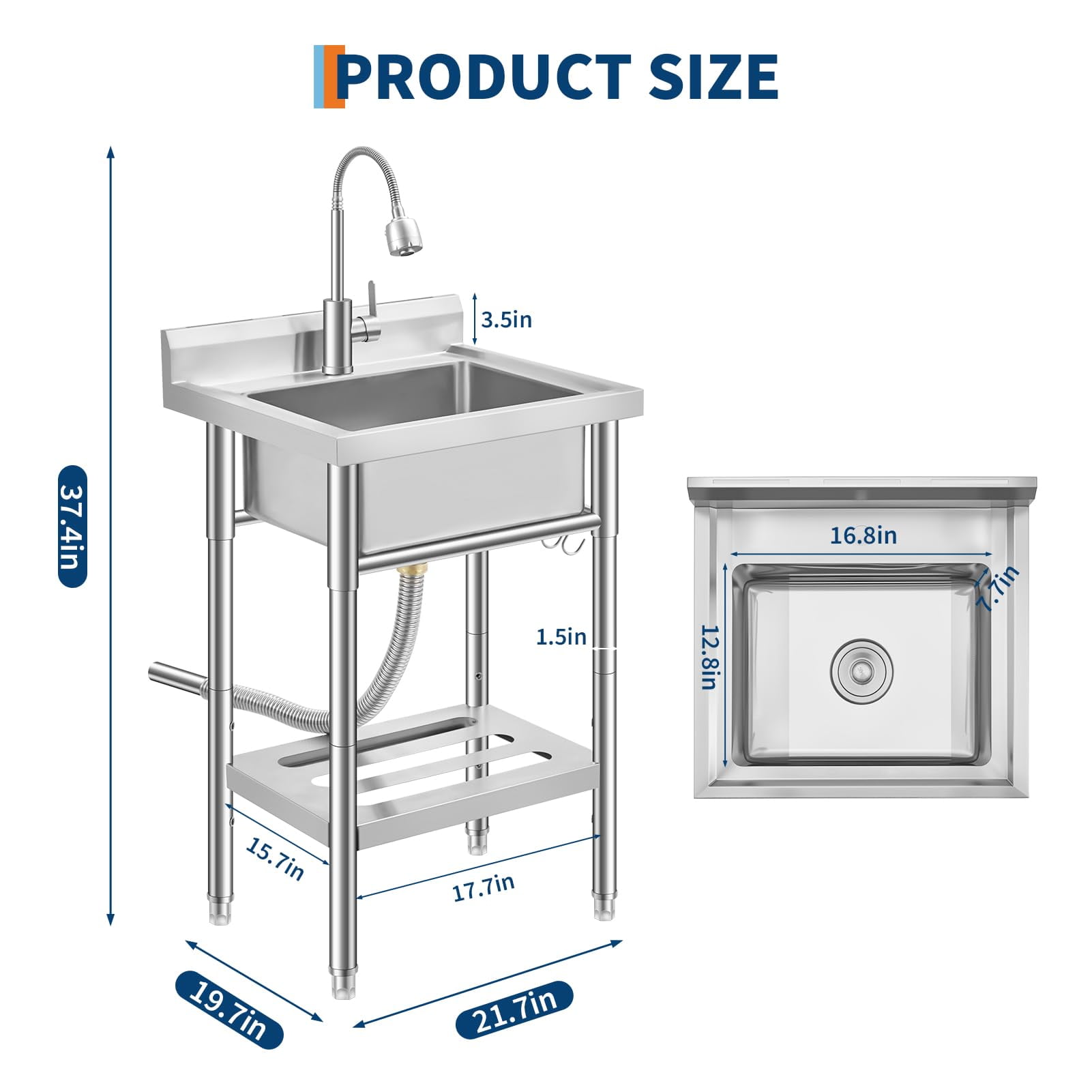 Freestanding Stainless Steel Utility Sink 16.8"x12.8"x7.6" Single Bowl with Adjustable Legs, 360° Swivel Hot & Cold Faucet