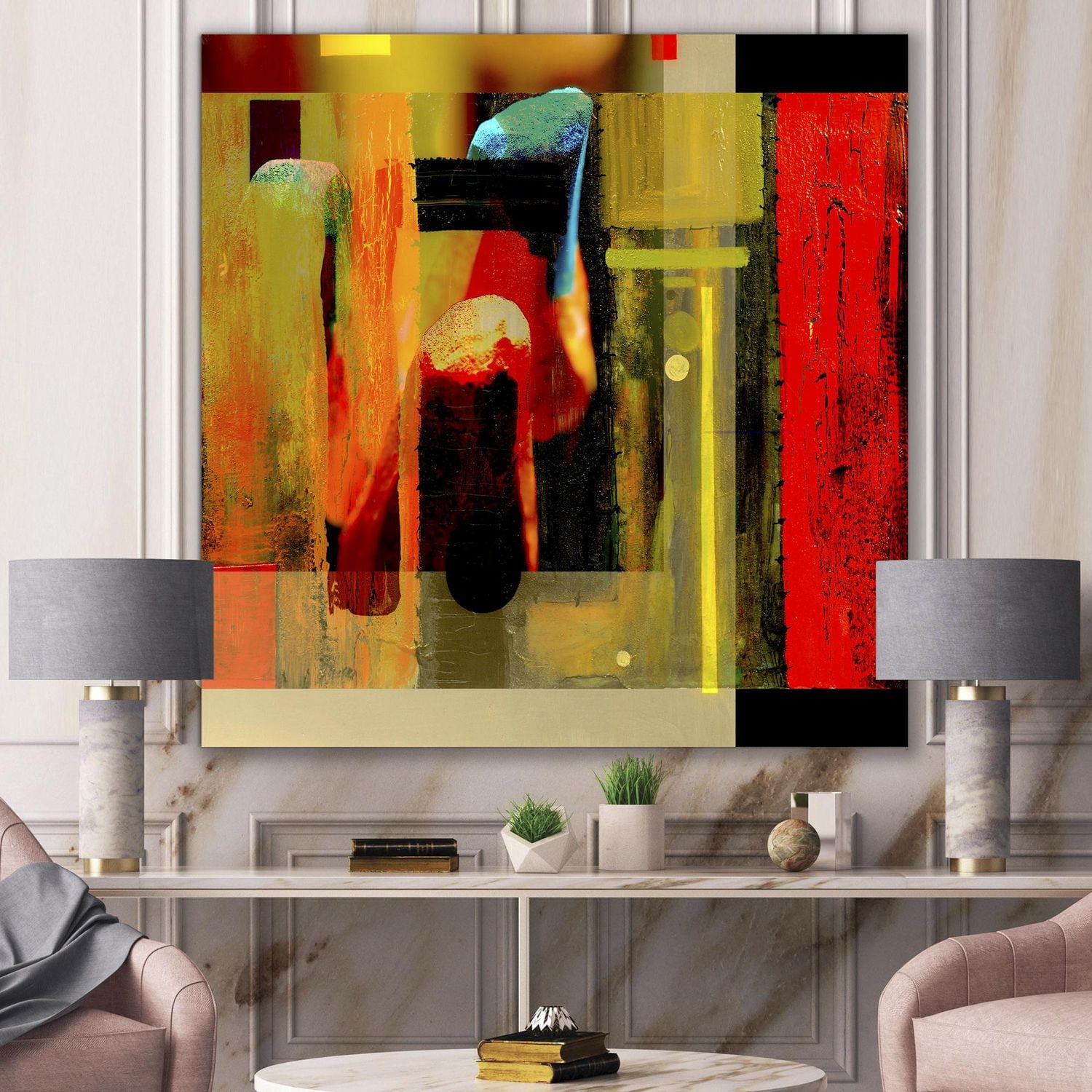 Designart Manifestation cubiste de rouge noir et vert Art mural sur toile