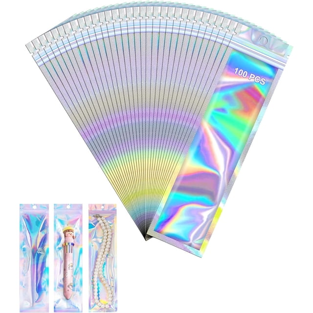 100 Pcs Bolsas Reutilizables para Dulces, Antiolores y con Ventana Transparente, Bolsas Holográficas Resellables para Bolígrafos, Pinceles, Joyas, Dulces, Collares, Envolviendo Regalos