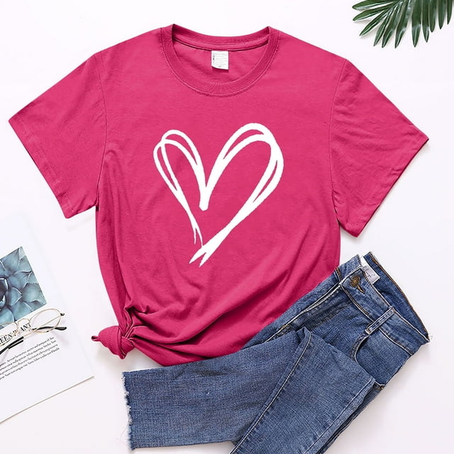 Meichang T-Shirts Joyeuse Saint-Valentin Femmes Mignon Imprimé Cœur T-Shirts Manches Courtes Col Rond Décontracté T-Shirts Joyeuse Saint-Valentin
