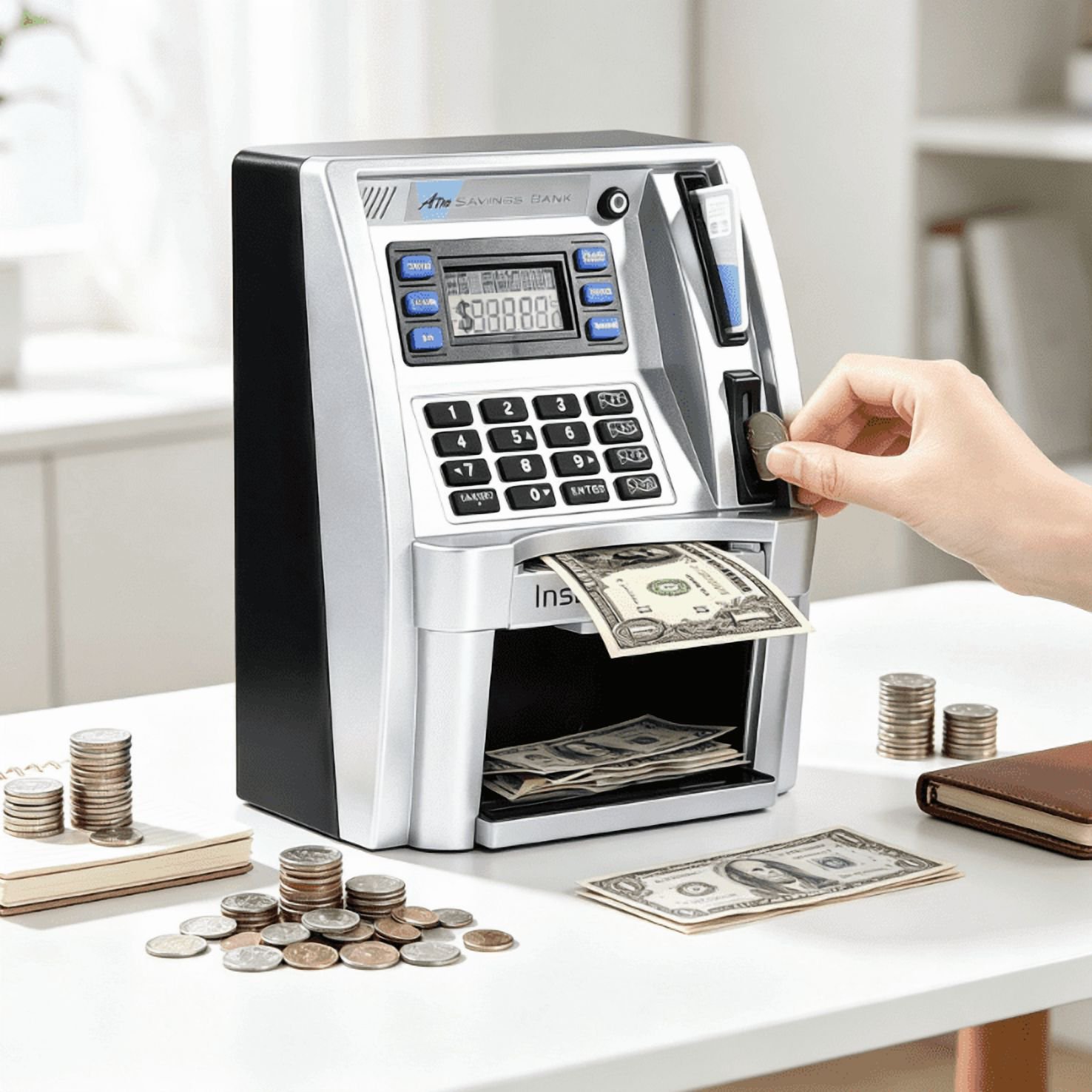 ATM Savings Bank, Voice Piggy Bank with Card Reader, Coin & Bill Counting, Password Lock, Data Storage & Saving Goal Function