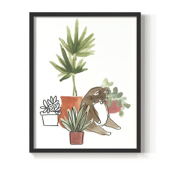 Purrfect Plants II Framed Print in Black Solid Wood Framed Print No Nail Hanging