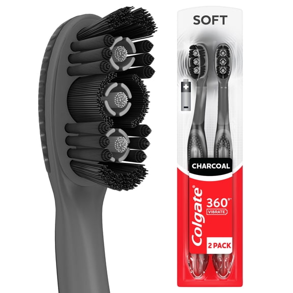 Colgate 360 Vibrate Charcoal Battery Powered Electric Toothbrush with Soft Bristles, 2 Pack