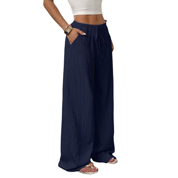 Women'S Palazzo Pants Summer High Waisted Wide Leg Drawstring Flowy Beach Trousers with Pockets Black S