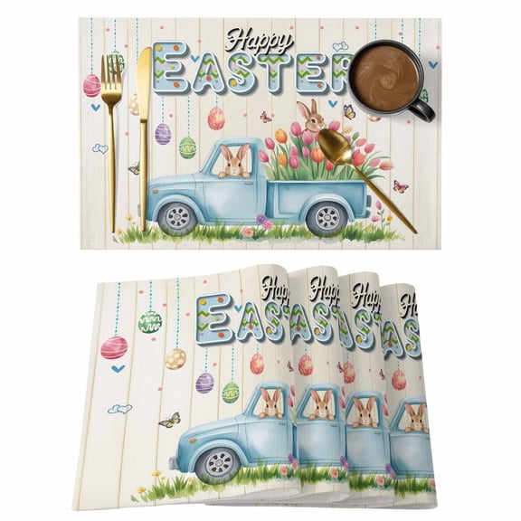 Happy Easter Placemats Set of 12, Watercolor Floral Truck Eggs Rabbits Spring Beige Placemats for Dining Table, Place Mats for Kitchen Tabletop, Waterproof Wipeable Dining Table Mats Set