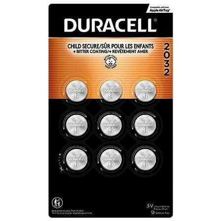 Duracell CR2032 3V Lithium Battery with Child Safety Features, 2032 Battery Lithium Coin Battery Compatible with Apple AirTag, Key Fob, and Other Devices, CR Lithium 3 Volt Cell - 9 Count Pack