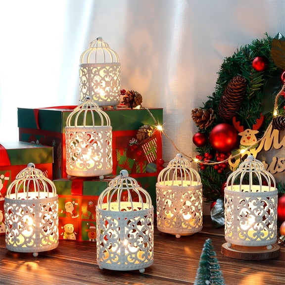6 Pcs Wedding Centerpieces 5.5 inch Height Small Metal Candle Stick Holder Hanging Birdcage Tealight Lantern Hollow Candle Holders for Table Valentine Patio Indoor Outdoor (Cream White)