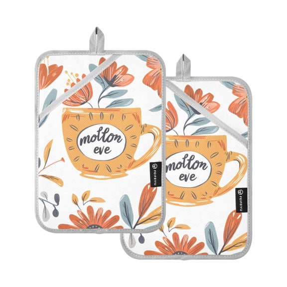 Cup with Flowers Oven Mitts 2 Pcs Pot Holders Sets Heat Resistant for Kitchen Cooking Baking 7"x9.8"