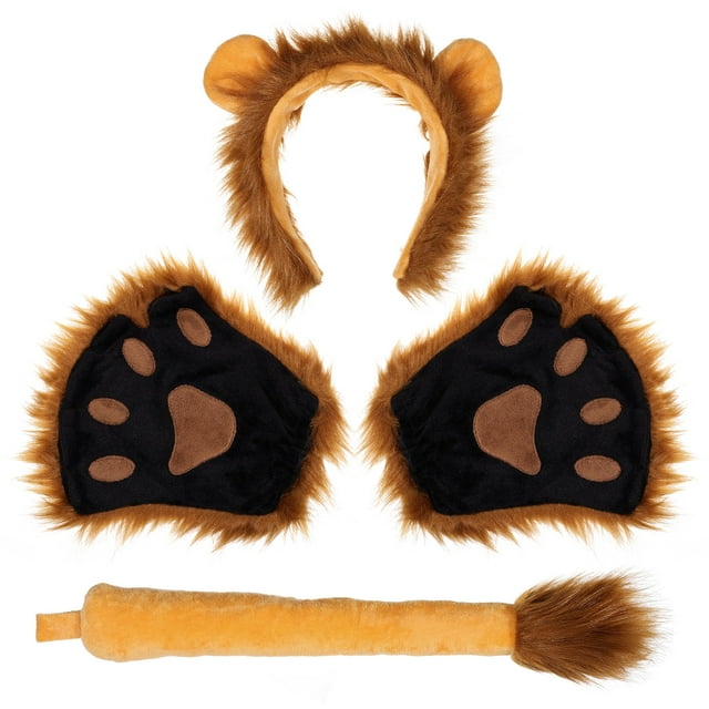 Kit de disfraz de león adorable Frcolor para Halloween: incluye guantes, orejas, diadema y cola con forma de pata de león para niños y adultos (marrón)