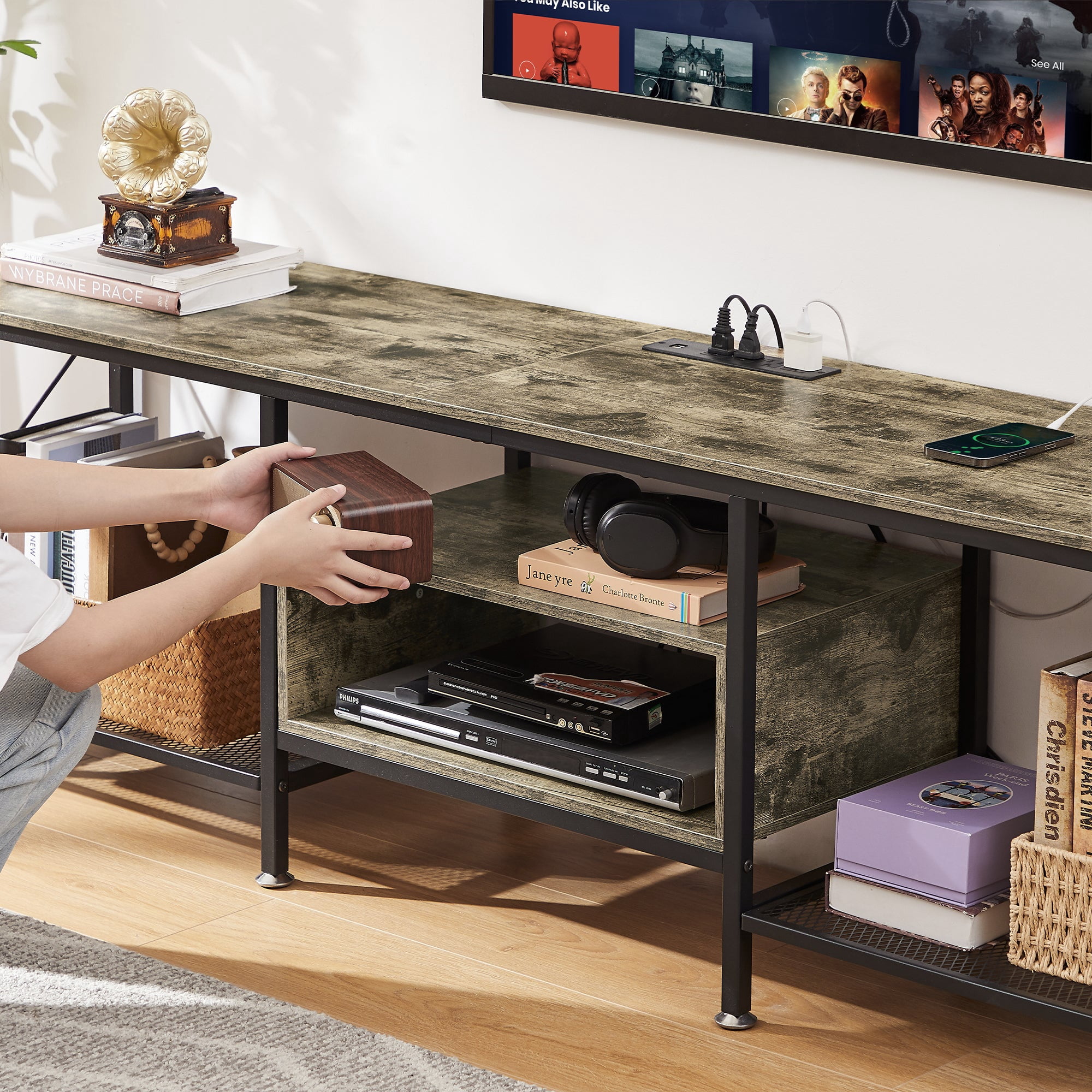 VECELO TV Stand with Power Outlets for TV up to 70 inch, Entertainment Center with USB Charging Station, Modern Industrial TV Console with Open Storage Shelves for Living Room & Bedroom, Gray