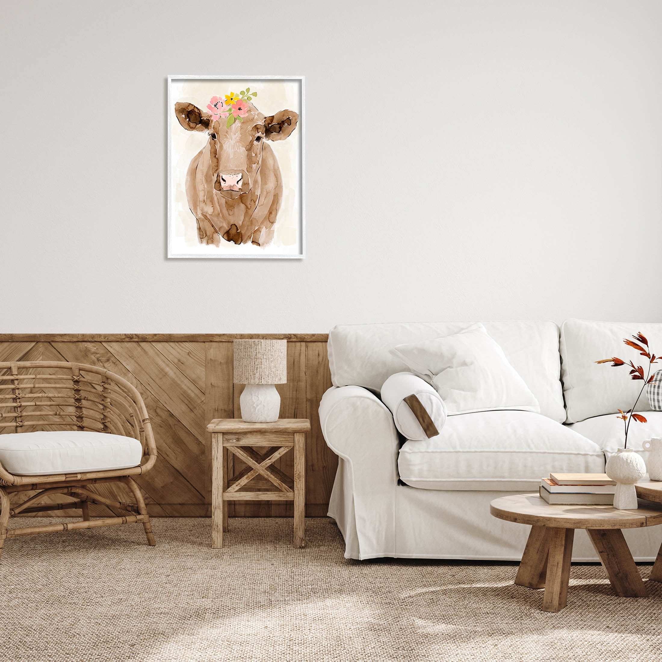 Delicate Blooms Cow Portrait Animals & Insects Graphic Art White Framed Art Print Wall Art