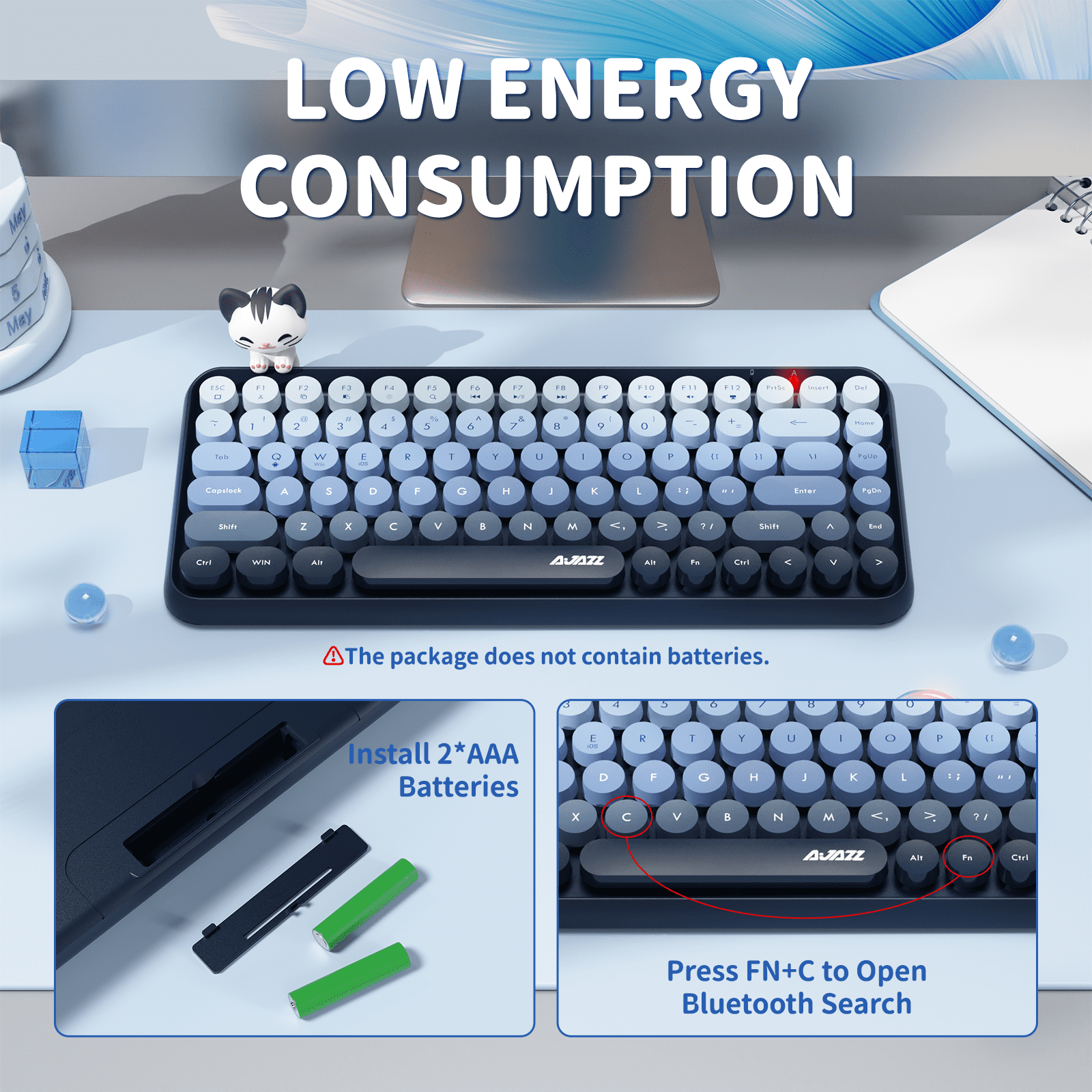 Ajazz 308i Retro Wireless Bluetooth Silent Computer Keyboard with Round Punk Compact 84 Keys, Lightweight, Matte Texture for PC, Laptop - Blue