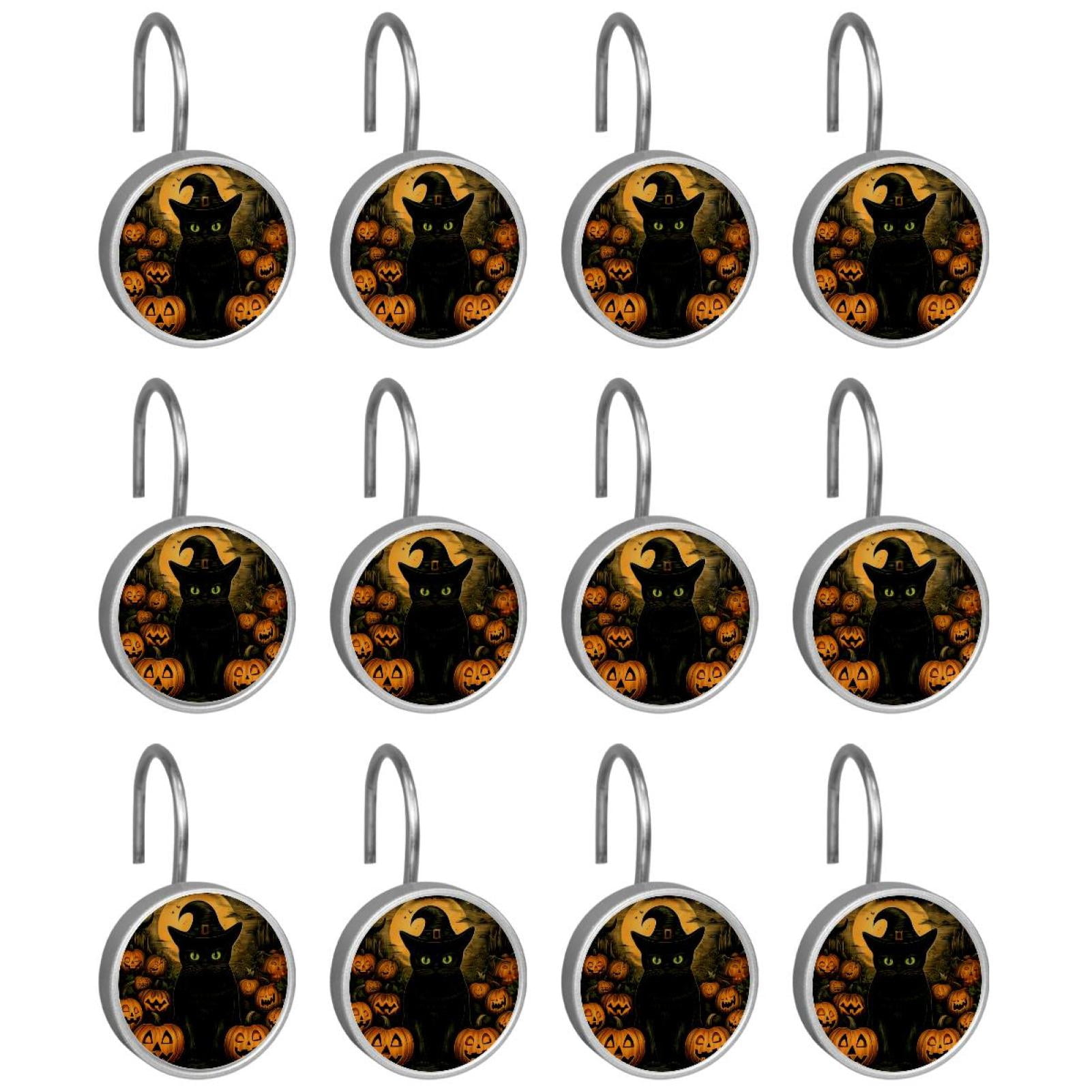 12pcs Decorative Shower Curtain Hooks, Rust Resistant Shower Rings for Bathroom Living Room,Rustproof Stainless Steel Rings for Shower Curtain and Liner Rods,Halloween Cat S